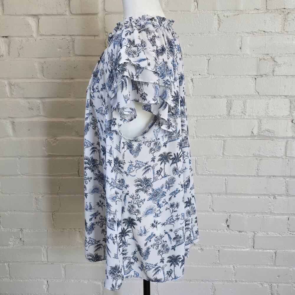 Rose + Olive Coastal Blue White Tropical Toile Flutter Sleeve Tassel Neck Blouse - Picture 2 of 11